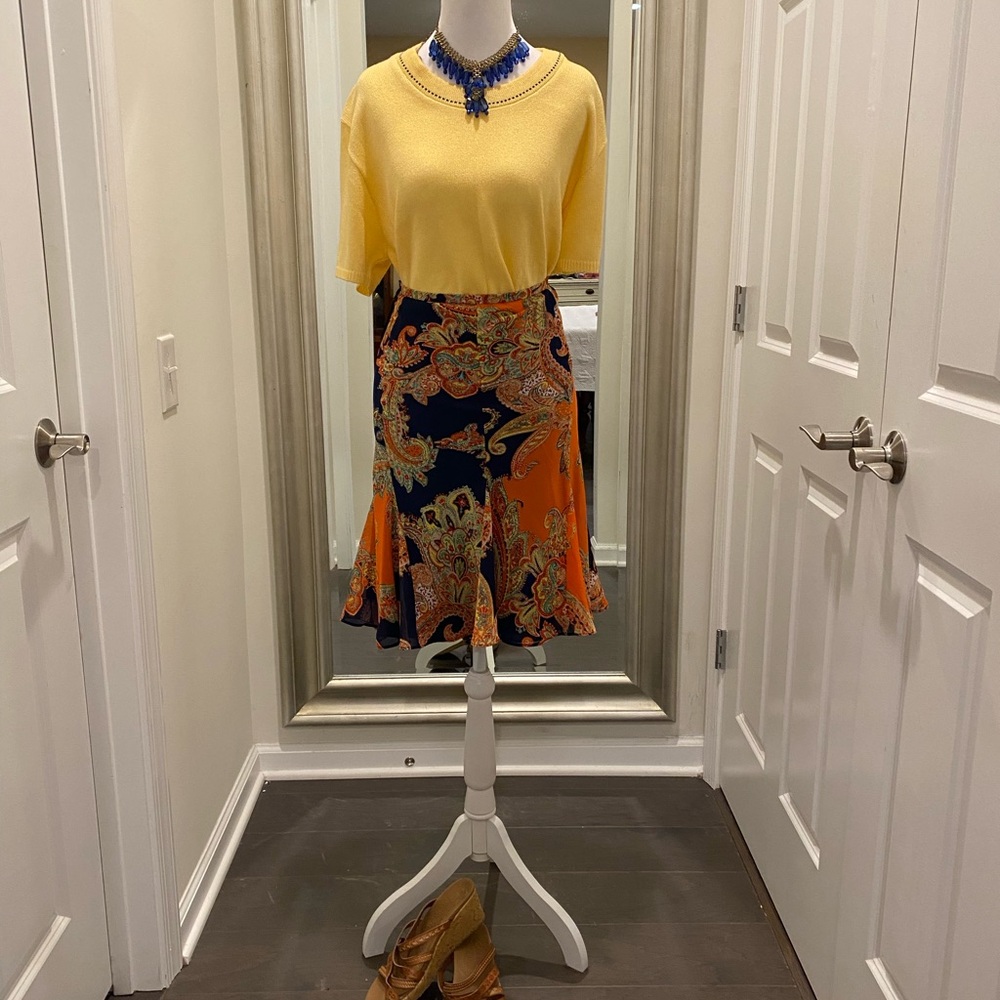 Lauren Ralph Lauren Paisley Skirt Sz 16 fully lined side zip extra dark navy - Picture 5 of 11
